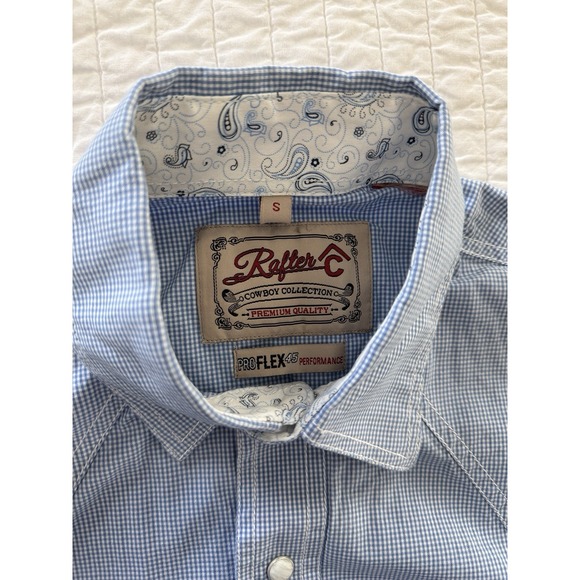 Rafter C Cowboy Collection Pro Flex 45 Mens SMALL White Blue Check Pearl Snap - Picture 2 of 9